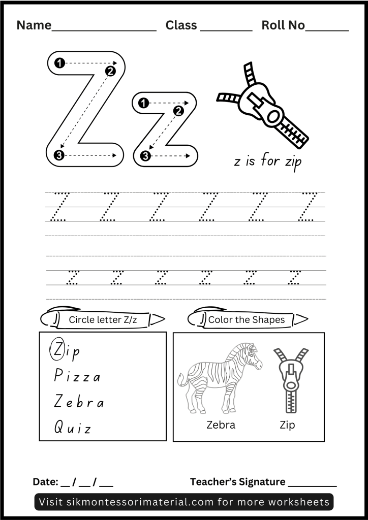 Alphabet Letter Z Tracing and Recognition Worksheet for Montessori