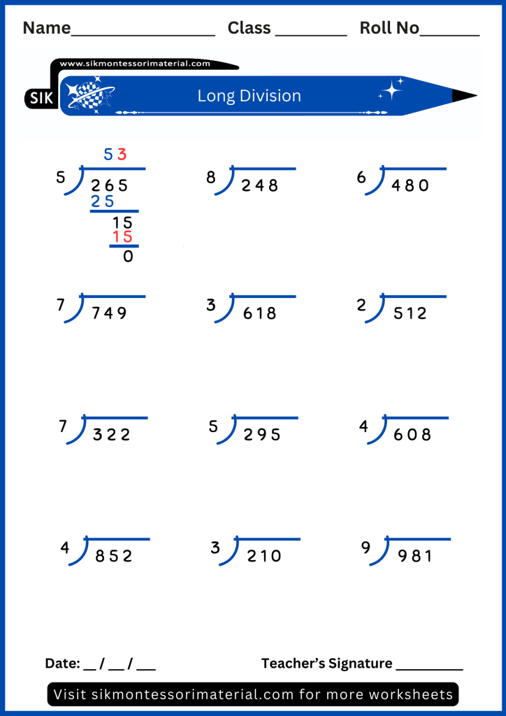 Long Division worksheet for advance Montessori