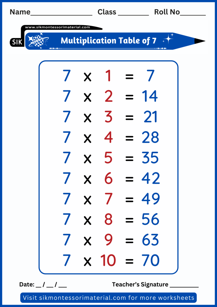 Math Table of 7 - 7 times multiplication worksheet