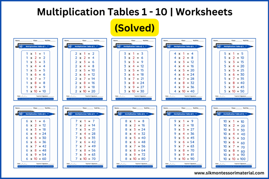 Multiplication Table for Montessori Table 1 to Table 10 solved multiplication worksheets