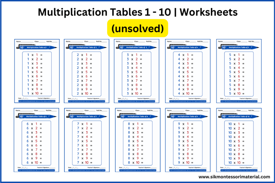 Multiplication Table for Montessori Table 1 to Table 10 unsolved multiplication worksheets