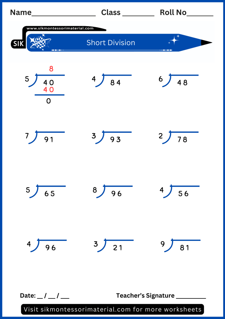 Short Division worksheet for advance Montessori