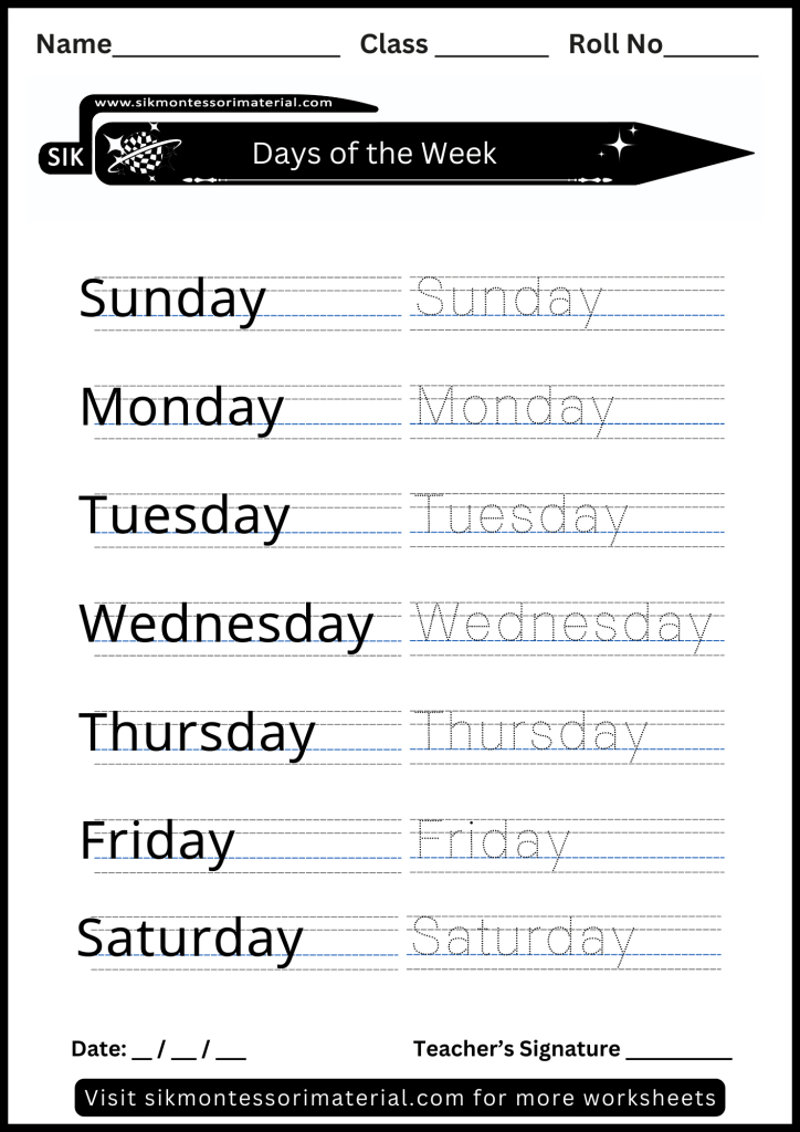 Tracing name of days of the week worksheet