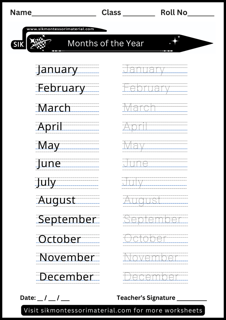 Tracing names of the months activity worksheet