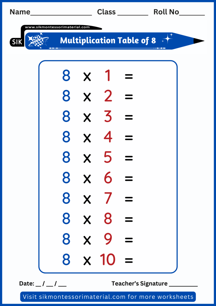 Unsolved multiplication worksheet of eight - 8