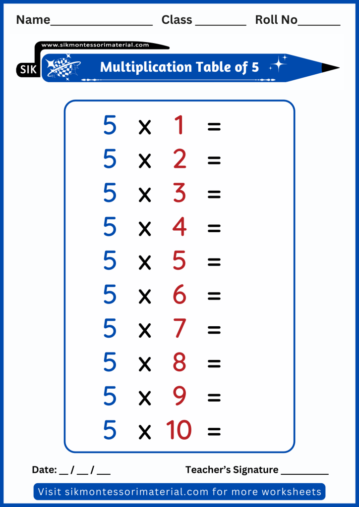 Unsolved multiplication worksheet of five -5