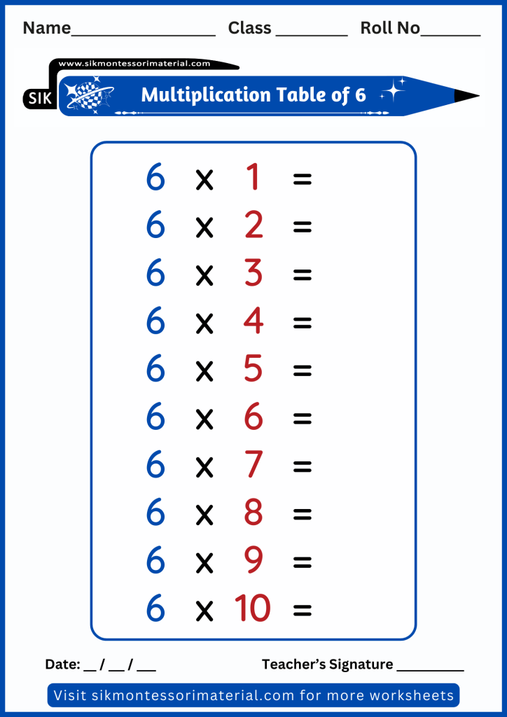 Unsolved multiplication worksheet of six - 6