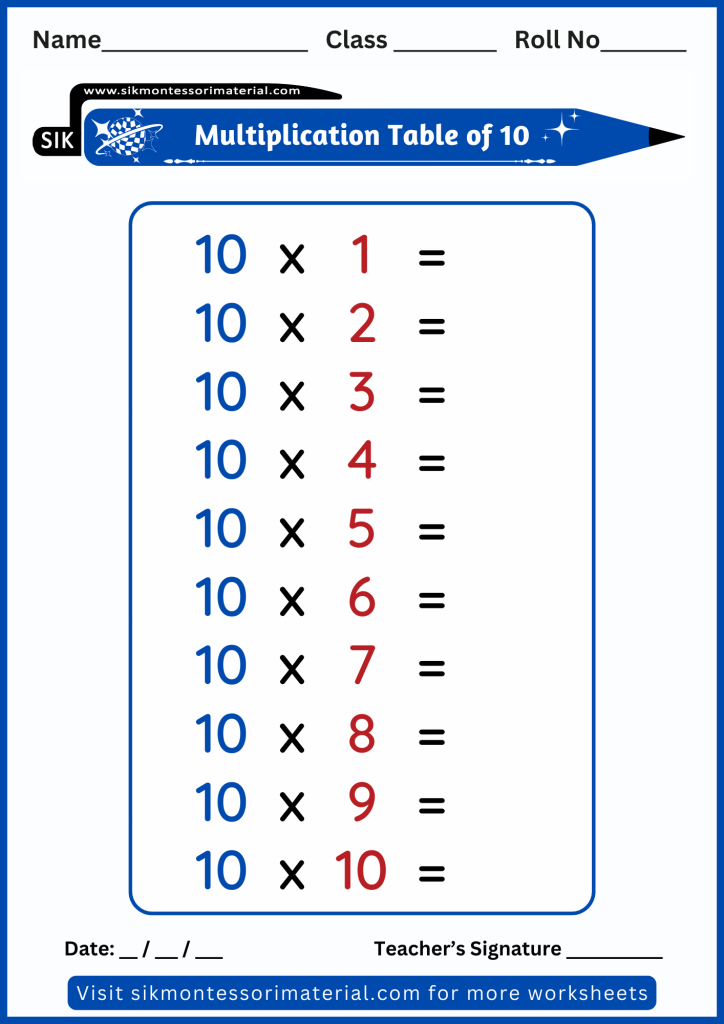 Unsolved multiplication worksheet of ten - 10