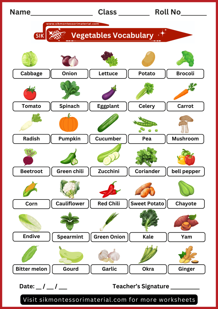 Vegetable names with images worksheets